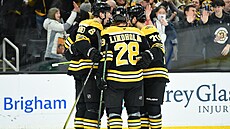 Hokejisté Bostonu se radují z gólu proti San Jose.