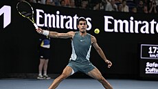 Carlos Alcaraz se natahuje po mí�ku ve �tvrtfinále Australian Open.