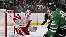 Alex Lyon (34) z Detroit Red Wings lapil puk v zápase s Dallas Stars. Vyst�elil...