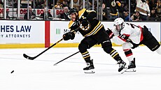 David Pastrák (88) z Boston Bruins stílí na bránu Ottawa Senators, stíhá ho...