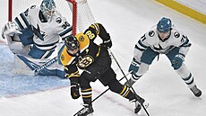 David Pastr�ák (88) z Boston Bruins p�ed bránou San Jose Sharks