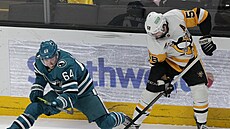 Mikael Granlund (64) ze San Jose Sharks se pokouší bránit Krise Letanga z...