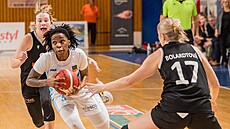 Shaina Pellingtonová (v bílém) z Trutnova úto�í na hradecký ko� kolem Lucie...