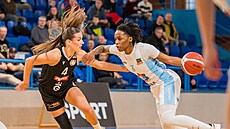 Shaina Pellingtonová z Trutnova úto�í v zápase s Hradcem Králové, hlídá ji Anna...