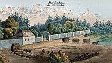 Veduta znázor�ující vlak kon�sp�e�ky, který opou�tí lánskou oboru. Je to z�ejm�...