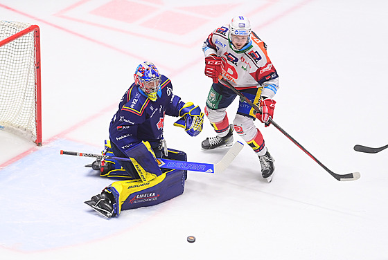 Branká� �eský Bud�jovic Jan Strme� v zápase s Pardubicemi.