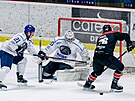 Momentka ze zpasu hokejist Znojma (v ernm) a Valaskho Mezi ve druh...