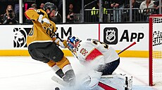 Spencer Knight zasahuje proti dotírajícímu Tomá�i Hertlovi.