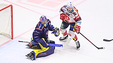Branká eský Budjovic Jan Strme v zápase s Pardubicemi.