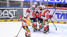 Pardubi�tí hokejisté slaví úvodní gól v zápase s �eskými Bud�jovicemi.