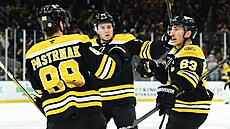 David Pastrák (88), Charlie McAvoy (73) a Brad Marchand (63) slaví gól Boston...