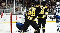 David Pastr�ák (88) slaví gól Boston Bruins proti Winnipeg Jets.