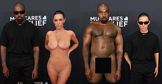 Kanye West a Bianca Censori na cenách Grammy (vlevo) a vtípek na adresu rapera...