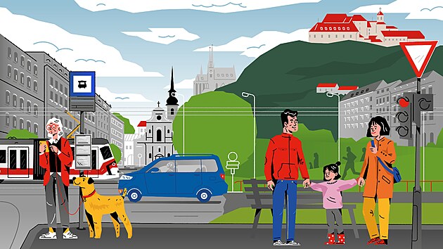 Uk�zkov� ilustrace od Ji��ho Jaro�e. V pozad� vyobrazil zn�m� brn�nsk� dominanty jako hrad �pilberk nebo katedr�lu Petrov.