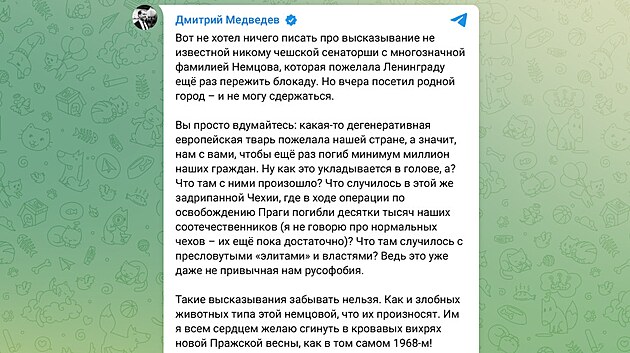 B�val� rusk� prezident a p�edseda vl�dy Dmitrij Medved�v se ost�e op�el do �esk� sen�torky za ODS Miroslavy N�mcov�.
