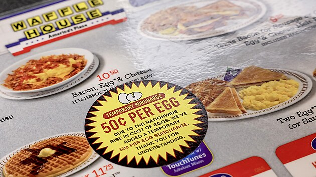 Americk� �et�zec restaurac� Waffle House oznamuje p��platek 50 cent� za jedno pou�it� vejce. Waffle House, ji�ansk� restaurace, m� USA t�m�� 2 000 pobo�ek, ve kter�ch se ro�n� pod�v� v�ce ne� 270 milion� vajec. (5. �nora 2025)