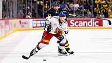 �eský úto�ník Oscar Flynn se �ene za pukem, za ním je �védský obránce Tim Heed.