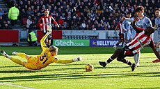 Branká� Antonín Kinský z Tottenhamu zasahuje proti pokusu Yoanea Wissy z...