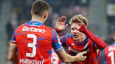 Plze�ský obránce Svetozar Markovi� slaví sv�j gól s Pavlem �ulcem.