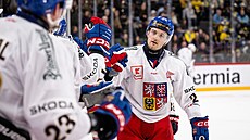 �eský úto�ník Kristian Reichel se raduje z první branky v národním týmu.