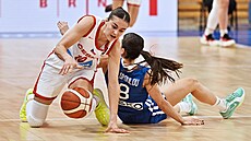 Eli�ka Hamzová se natahuje po mí�i v utkání s �eckem.