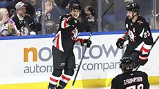 Útoník Buffala Jií Kulich slaví se spoluhrái svj vítzný gól v zápase proti...