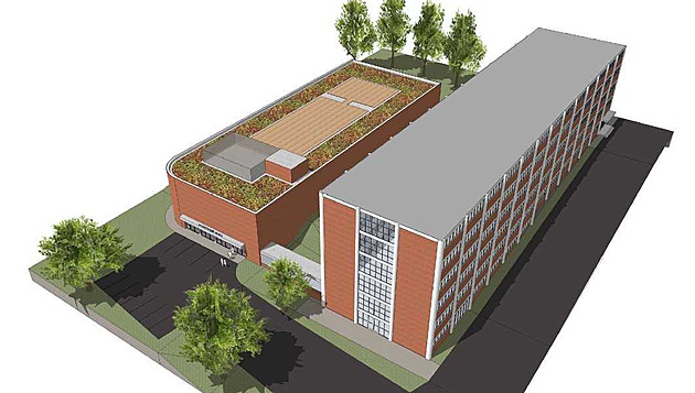 Vizualizace plánované sportovní haly u Gymnázia a Jazykové koly ve Zlín....