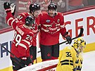 Mark Stone, Nathan MacKinnon a Sidney Crosby slaví branku Kanady.