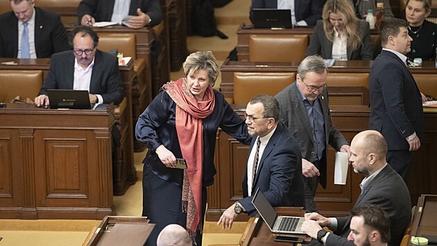 Poslanci diskutuj� o n�vrhu vl�dy na zv��en� poplatku �esk� televizi a �esk�mu rozhlasu. Na sn�mku V�ra Kov��ov� (STAN) a Ji�� Kobza (SPD). (12. �nora 2025)