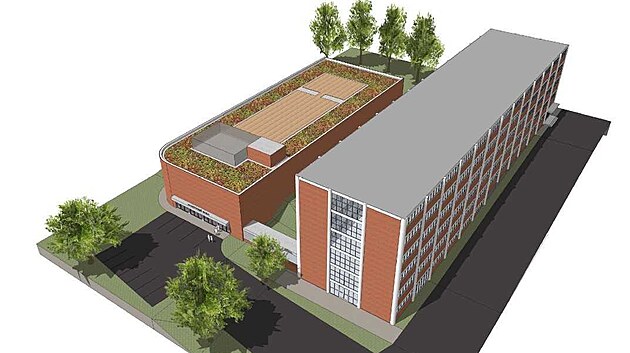 Vizualizace pl�novan� sportovn� haly u Gymn�zia a Jazykov� �koly ve Zl�n�....