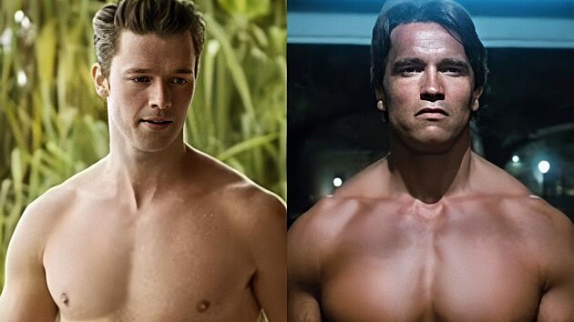 Patrick Schwarzenegger v seri�lu B�l� lotos (2025) a Arnold Schwarzenegger ve filmu Termin�tor (1984)