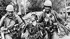 Amerití vojáci vytahují zranného vojáka Vietkongu z bunkru nedaleko Bong Sonu...