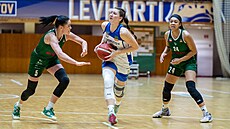 Michaela Krejzová z Levhartic Chomutov útoí mezi ostravským duem Kateina...