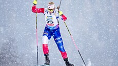 Lucie Charvátová bojuje na trati sprintu s hustým sn�ením.