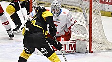 Olomoucký branká� Mat�j Machovský se chystá na st�elu Davida Ka�eho z Litvínova.