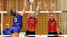 Perovská smeaka Aneta Hsková se snaí pekonat frýdecko-místecký blok ve...