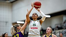 Peyton Whittedová (v bílém) z Ostravy atakuje ko Slovanky.