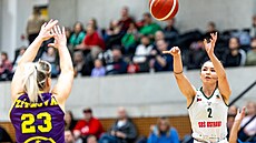 Alena Ba�ová z Ostravy st�ílí na ko� Slovanky.