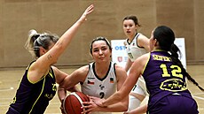 Rozehráva�ka Alena Ba�ová z SB� Ostrava se sna�í dostat ke st�ele mezi Terezou...