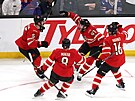 Connor McDavid (�íslo 97) se raduje z vít�zné trefy proti Ameri�an�m.