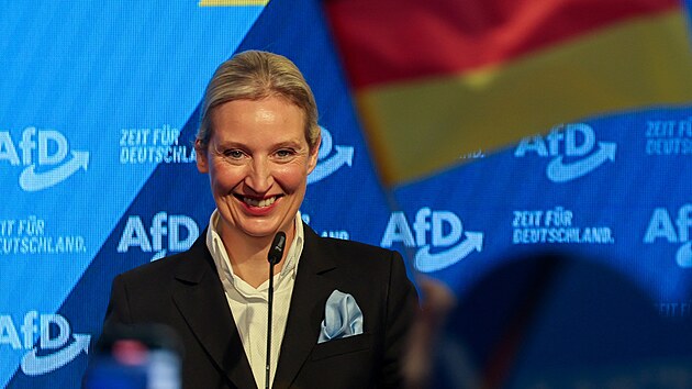 Alice Weidelov� b�hem prvn�ho povolebn�ho projevu ve �t�bu AfD (23. �nora 2025)