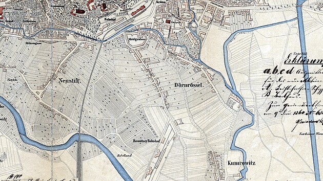 Rosick� (doln�) a Severn�/St�tn� (horn�) n�dra�� v Brn� na map� z roku 1858