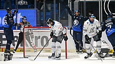 Christophe Lalancette slaví s plze�skými spoluhrá�i druhý gól v utkání s...