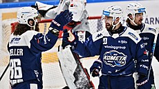 Brnntí Peter Mueller a Hynek Zohorna se radují z gólové akce proti...