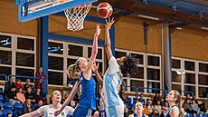 Shaina Pellingtonová (vpravo) z Trutnova úto�í v zápase s LOH 2028 Chomutov, o...