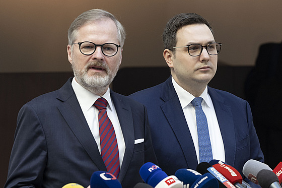 Tisková konference ODS. Na snímku premiér Petr Fiala a ministr zahraničí Jan...