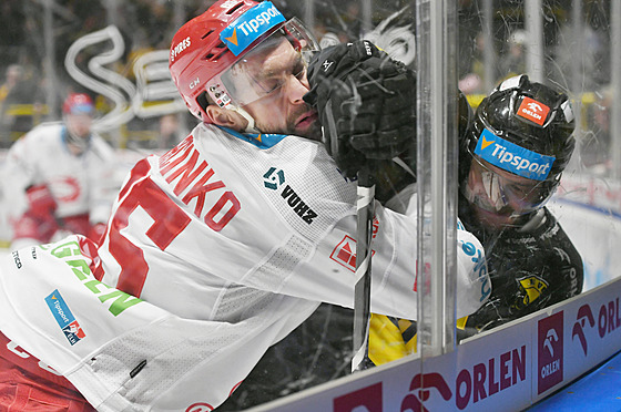 T�inecký Tomá� Marcinko (vlevo) dohrává Davida Ka�eho z Litvínova.