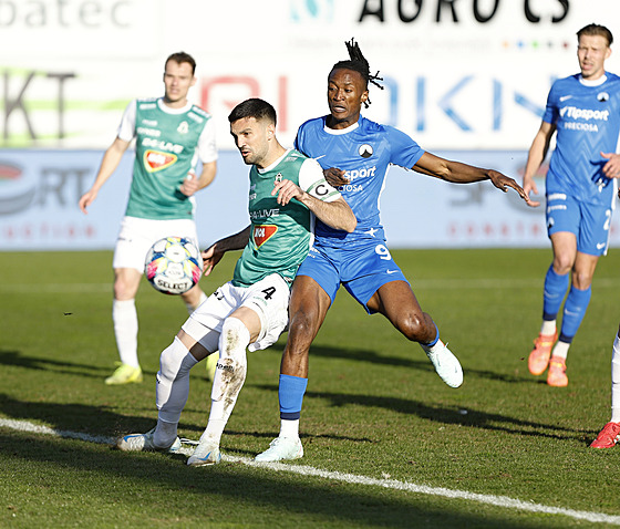 Nemanja Tekija�ki (vlevo) z Jablonce a Santiago Eneme z Liberce se p�etla�ují v...