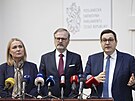 Tisková konference ODS. Na snímku Jana �ernochová, premiér Petr Fiala a ministr...