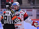 Kapitán hokejist Pardubic Roman ervenka diskutuje s hlavním rozhodím.